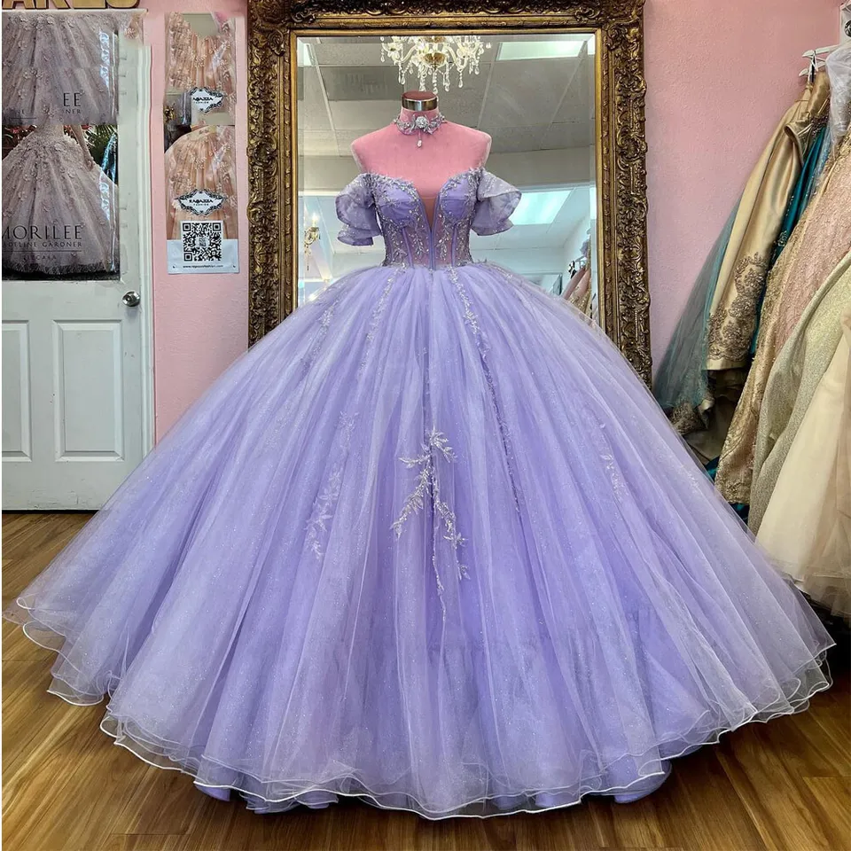 Lavender Beaded Tulle Quinceanera Dresses Ball Gown Dress