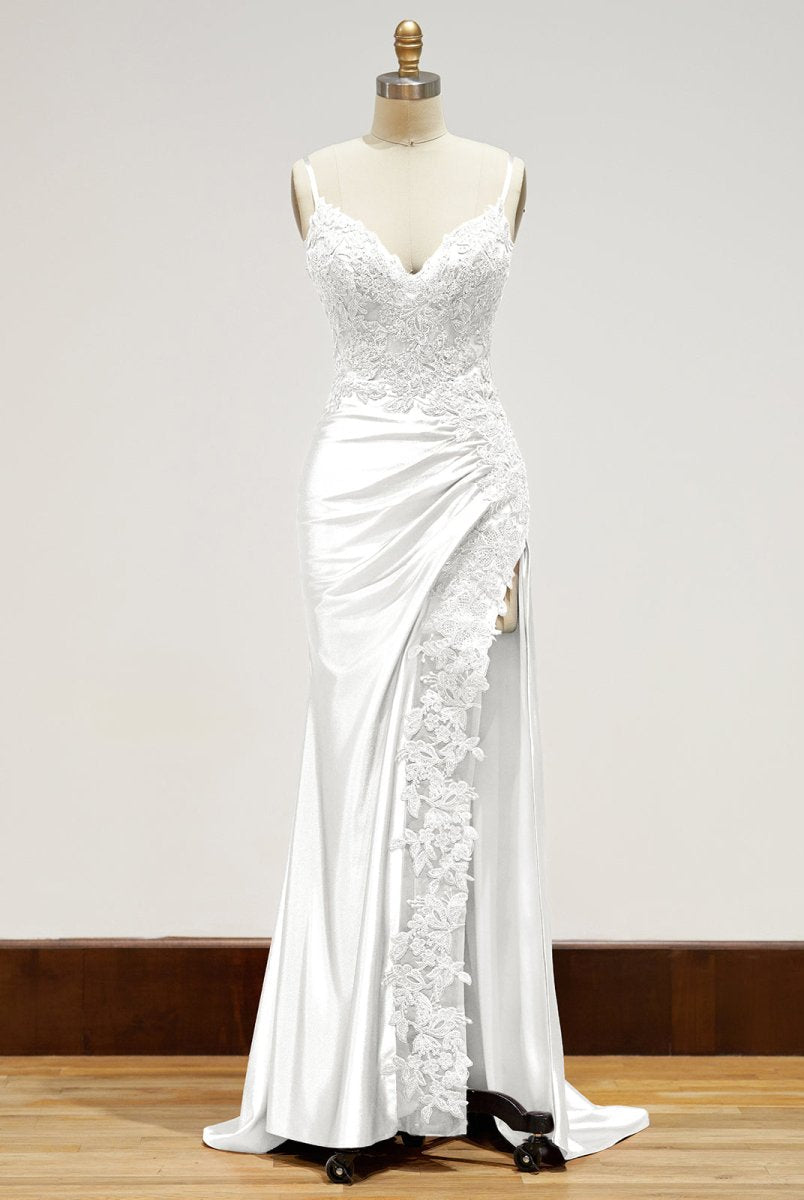 Beatrice | Sheath Spaghetti Straps Black Satin Long Prom Dresses with Lace Appliques