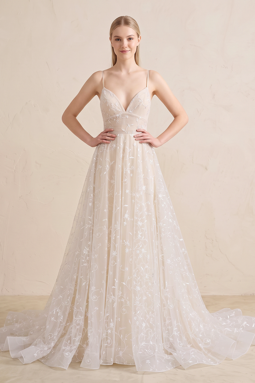 champagne wedding dress for sale KissProm Beautiful A Line Spaghetti Straps Light Dress, White-Nude / 8 Blue Floral Printed Split Adds shape and volume dressy dress Size:7/8 Dress