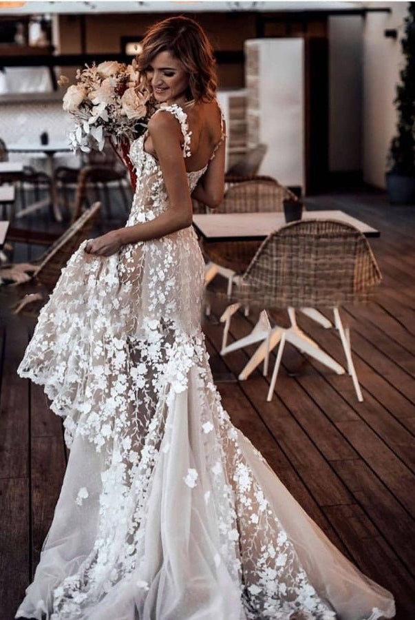 Sexy Lace Floral V - Neck Sleeveless Wedding Gown with Shoulder Straps - KissProm