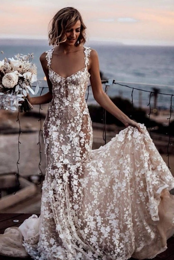 Sexy Lace Floral V - Neck Sleeveless Wedding Gown with Shoulder Straps - KissProm