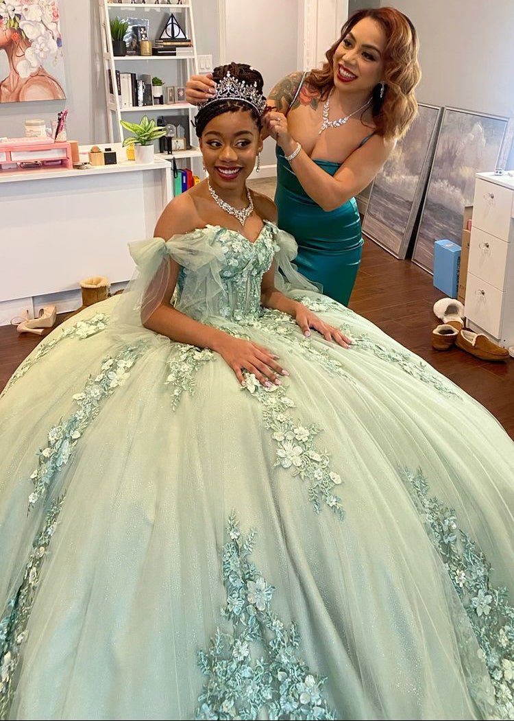 Letitia | Ball Gown Lace Off the Shoulder Sage Green Quinceanera Dress