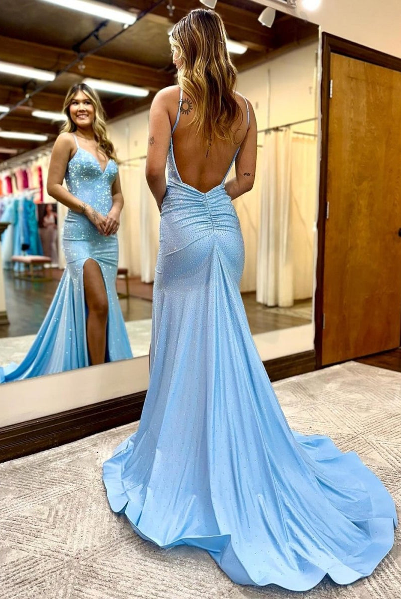 Royal Blue Beaded V Neck Mermaid Long Prom Dresses with Slit