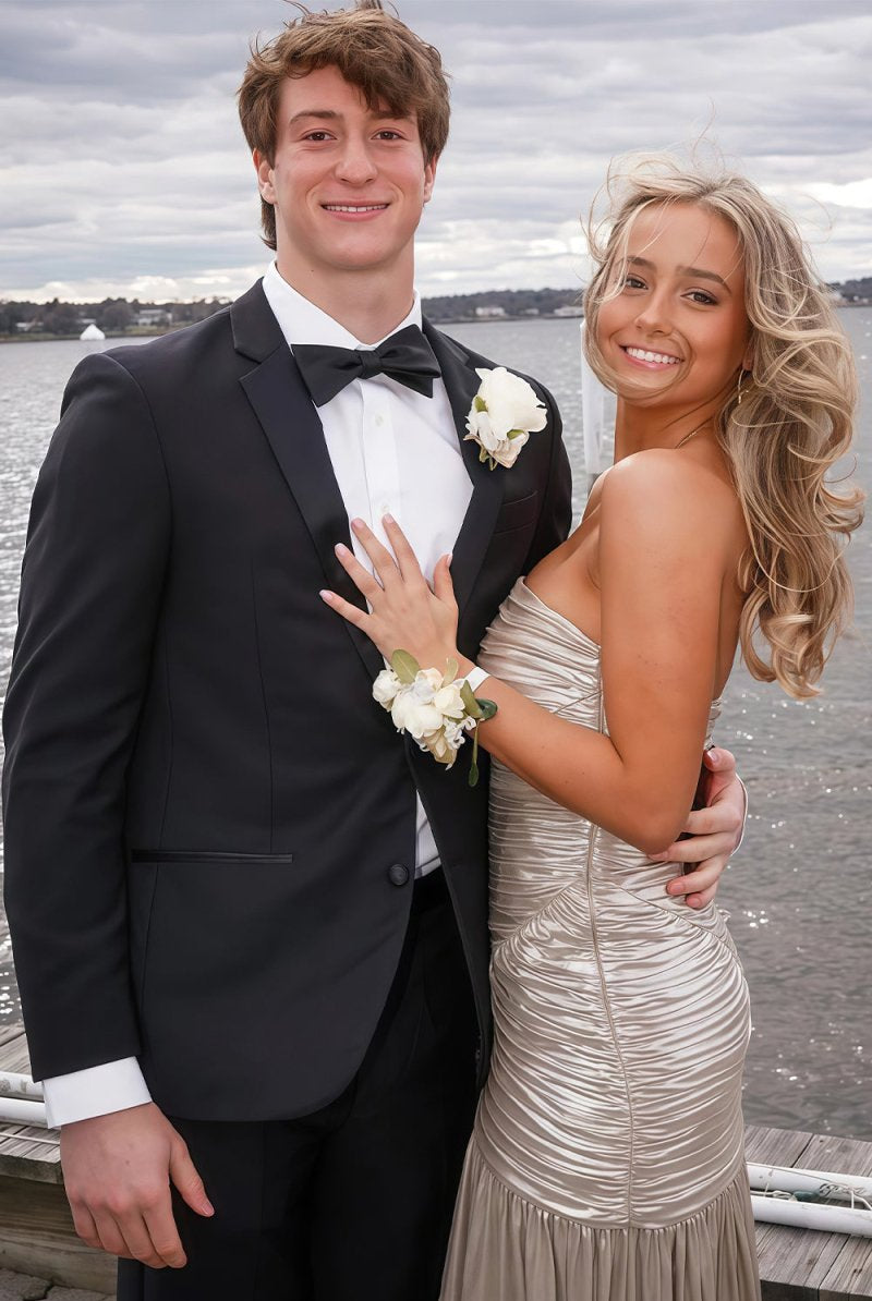 KissProm-Bellisa Silver Mermaid Strapless Metallic Long Prom Dresses with Pleats