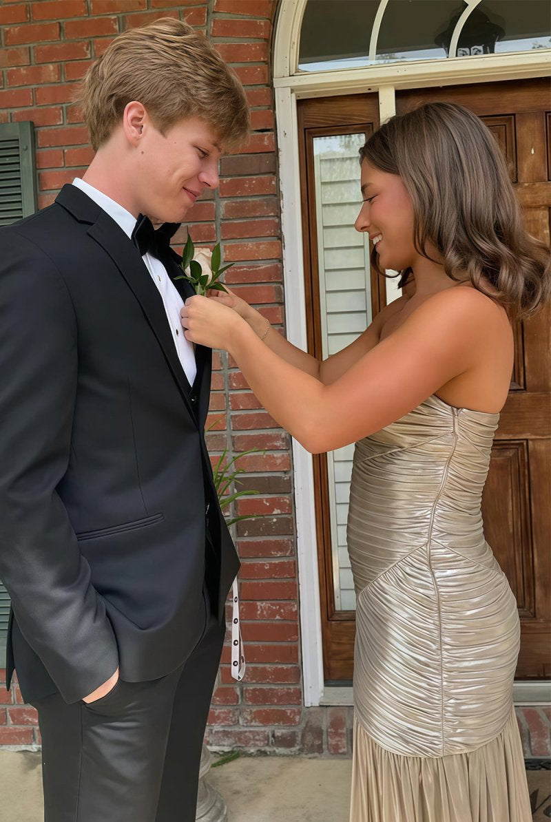 KissProm-Bellisa Champagne Mermaid Strapless Metallic Long Prom Dresses with Pleats