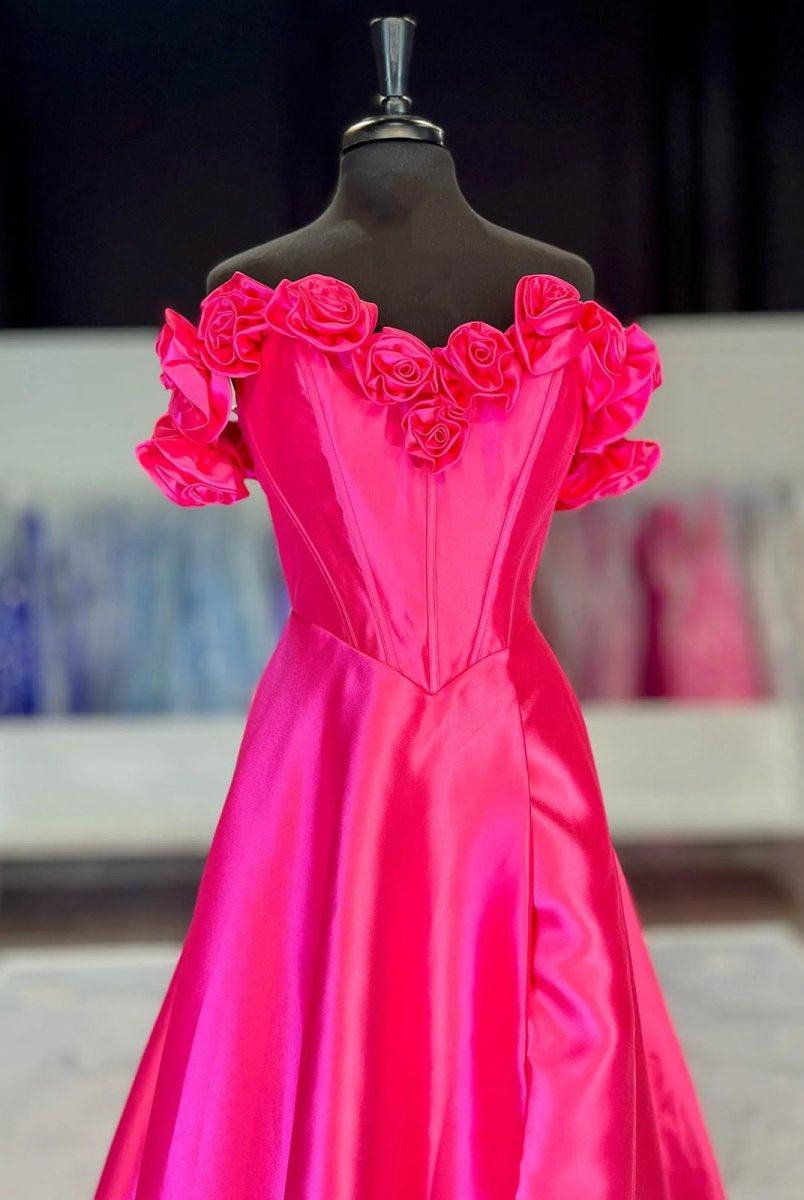 Benson | Fuchsia Off the Shoulder Corset Bodice A - Line Prom Dress - KissProm