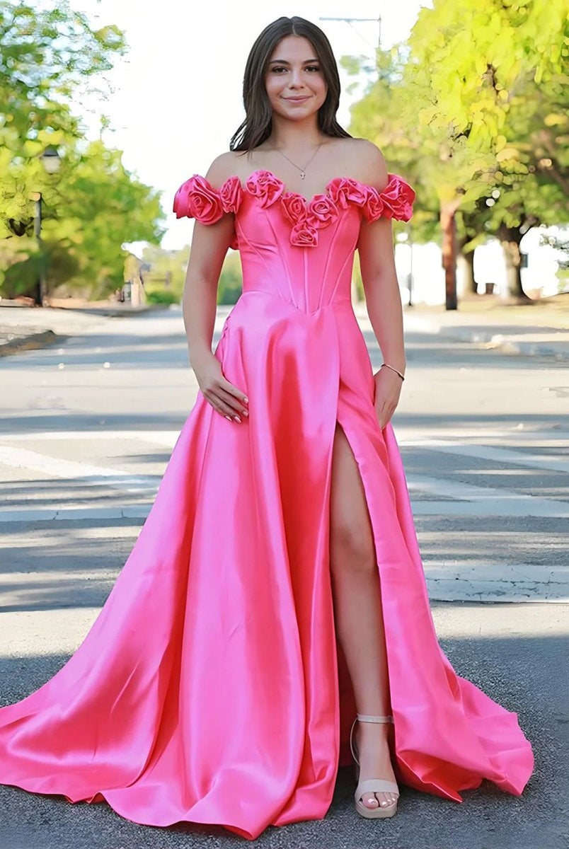 Benson | Fuchsia Off the Shoulder Corset Bodice A - Line Prom Dress - KissProm