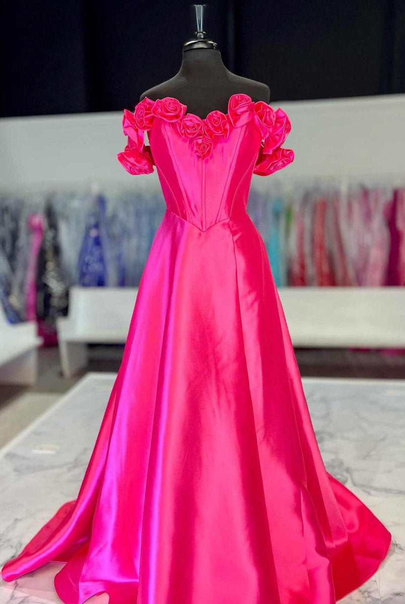 Benson | Fuchsia Off the Shoulder Corset Bodice A - Line Prom Dress - KissProm