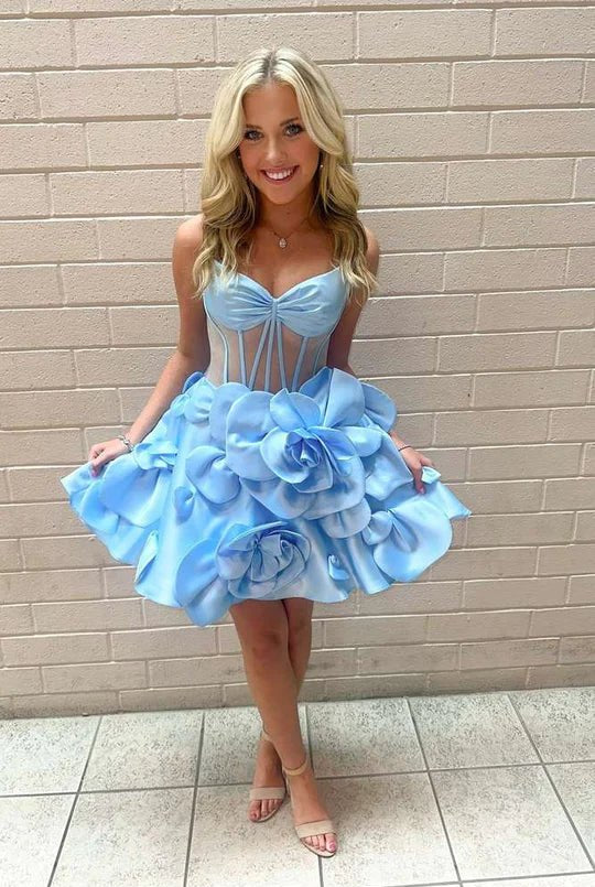 Bernie | Pink Spaghetti Straps A-Line Corset Short Homecoming Dress With 3D Flowers