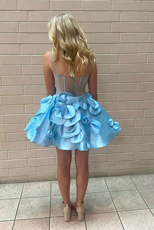 Bernie | Pink Spaghetti Straps A-Line Corset Short Homecoming Dress With 3D Flowers