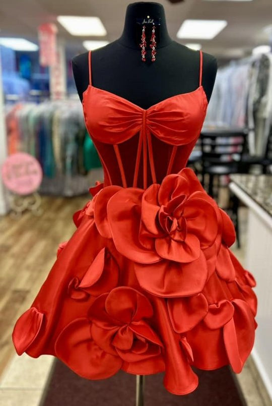 Bernie | Pink Spaghetti Straps A-Line Corset Short Homecoming Dress With 3D Flowers