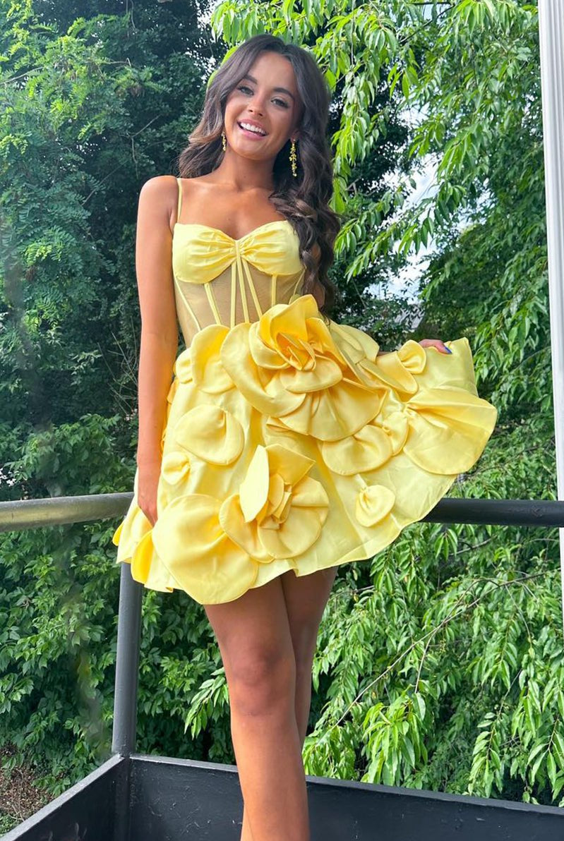 Bernie | Pink Spaghetti Straps A-Line Corset Short Homecoming Dress With 3D Flowers