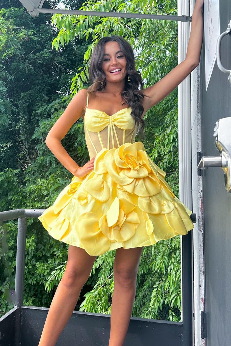 Bernie | Pink Spaghetti Straps A-Line Corset Short Homecoming Dress With 3D Flowers