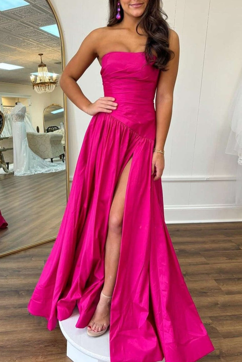 Beth | Fuchsia Strapless Taffeta A - line Long Formal Dress - KissProm