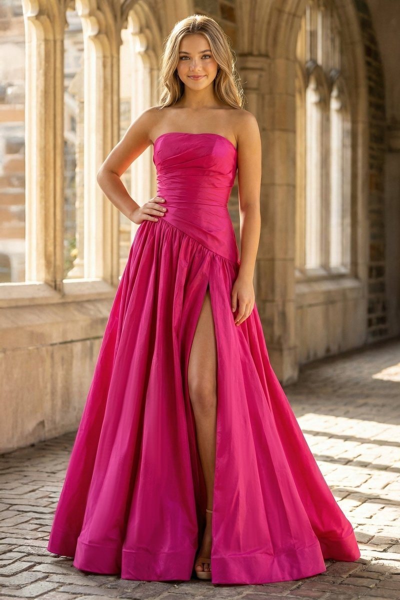 KissProm Fuchsia Strapless Taffeta A-line Long Formal Dress, Orange / 6