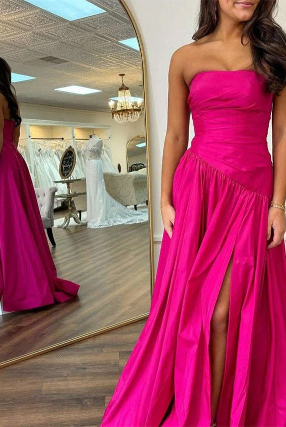Beth | Fuchsia Strapless Taffeta A - line Long Formal Dress - KissProm