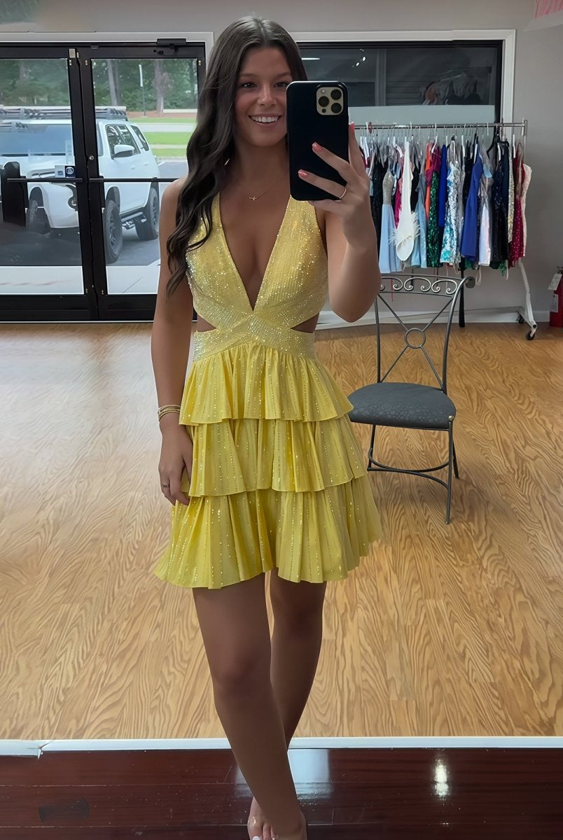 Betony | Yellow - V Neck A Line Cutout Satin Tiered Homecoming Dress With Beading