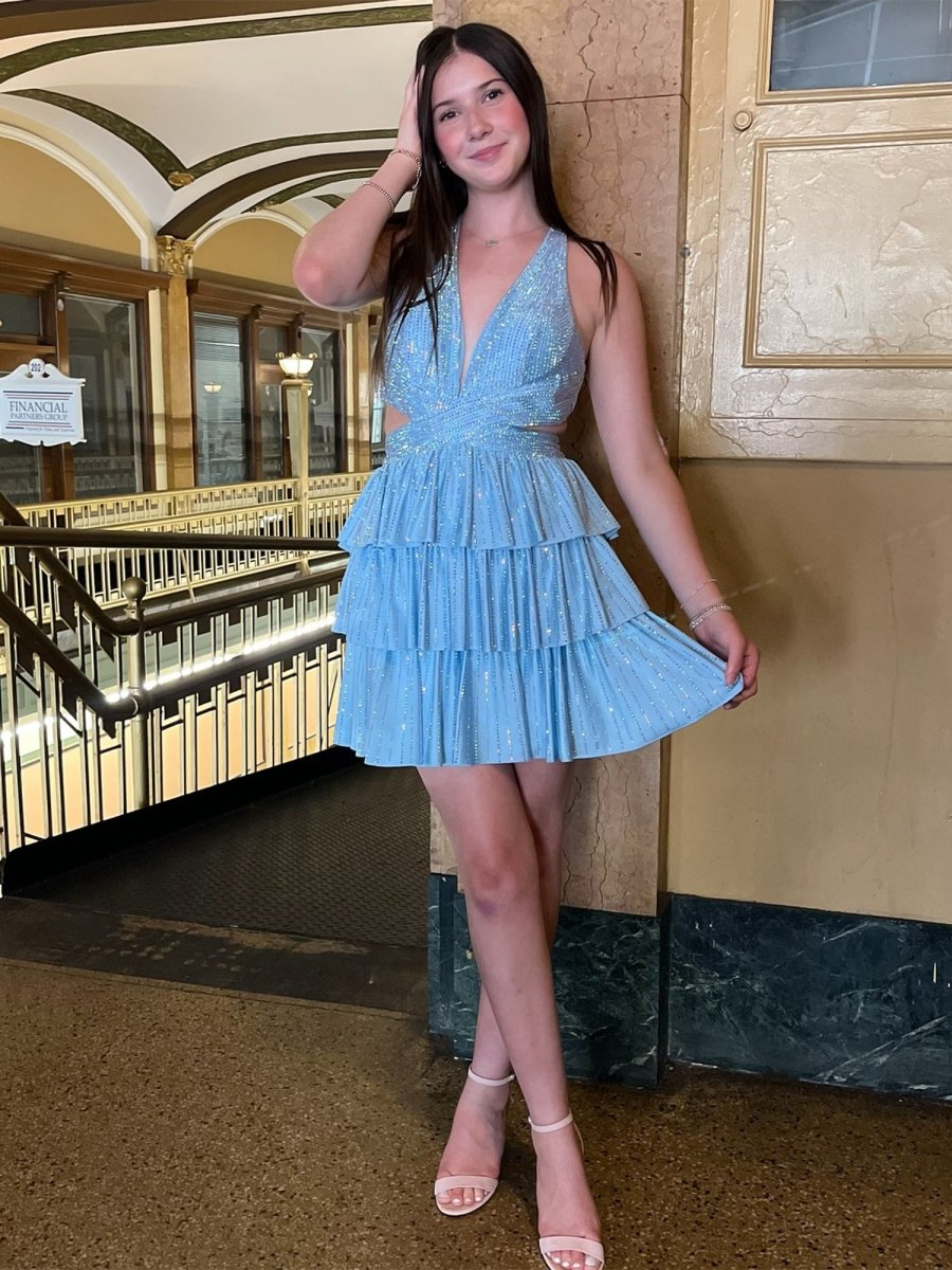 Betony | Blue - V Neck A Line Cutout Satin Tiered Homecoming Dress With Beading