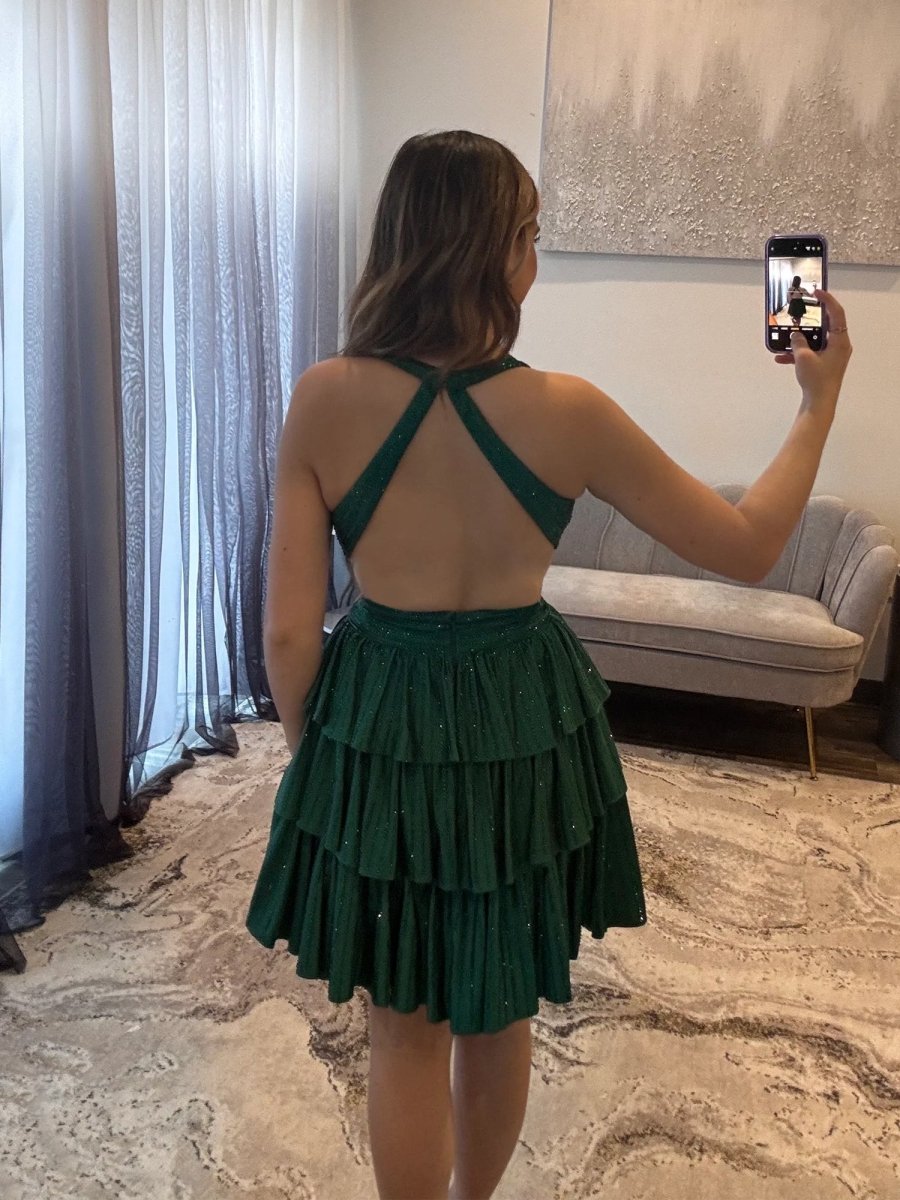 Betony | Dark Green - V Neck A Line Cutout Satin Tiered Homecoming Dress With Beading