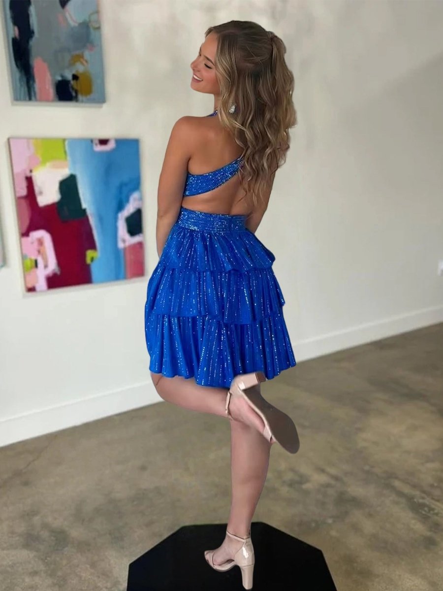 Betony | Royal Blue - V Neck A Line Cutout Satin Tiered Homecoming Dress With Beading