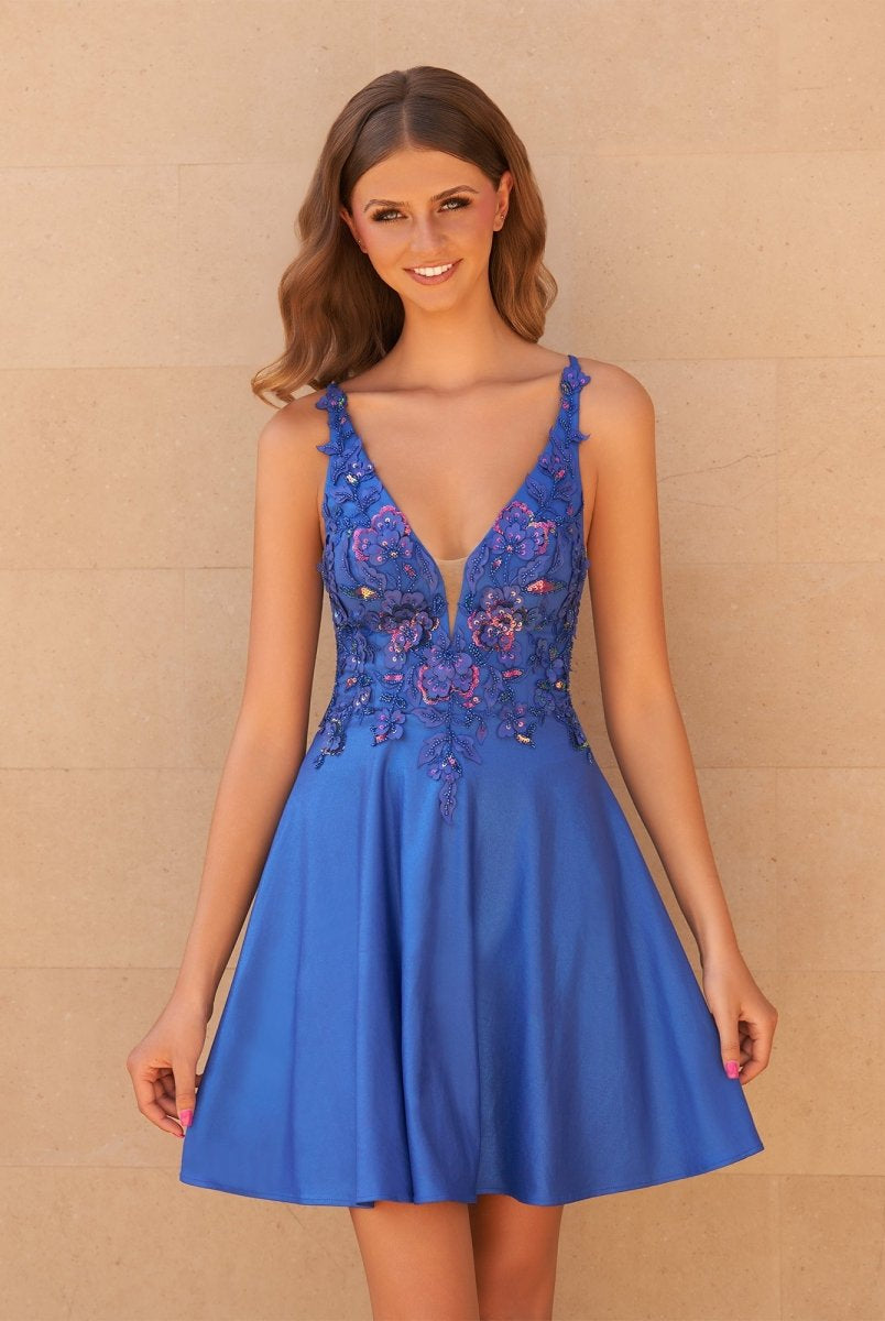 Bex | Royal Blue - A Line Satin V Neck Sequined Homecoming Dresses with Appliques