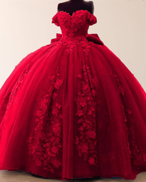 Big Bow Floral Flower Lace Applique Off Shoulder Ball Gown Quinceanera Dresses