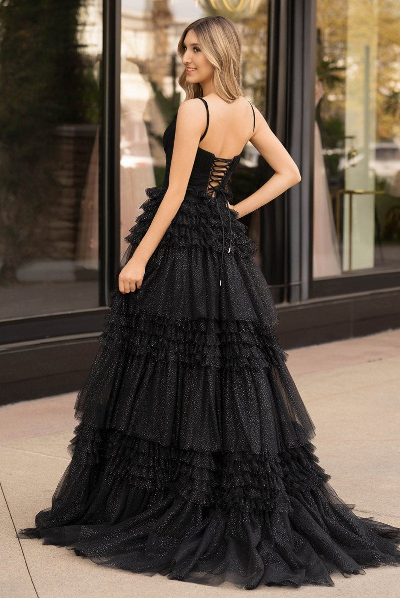 Emerson |A-Line Deep V Neck Tiered Long Glitter Tulle Prom Dress