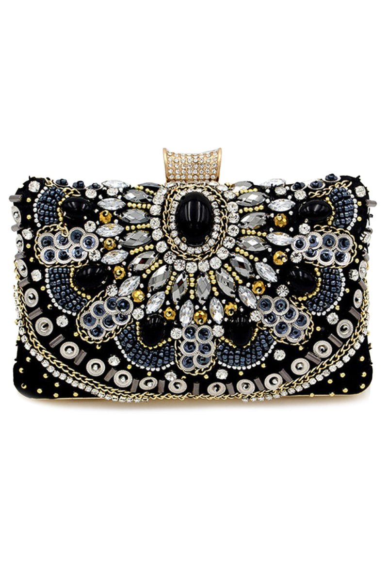 Black Beaded Shoulder Chain Evening Clutch - KissProm