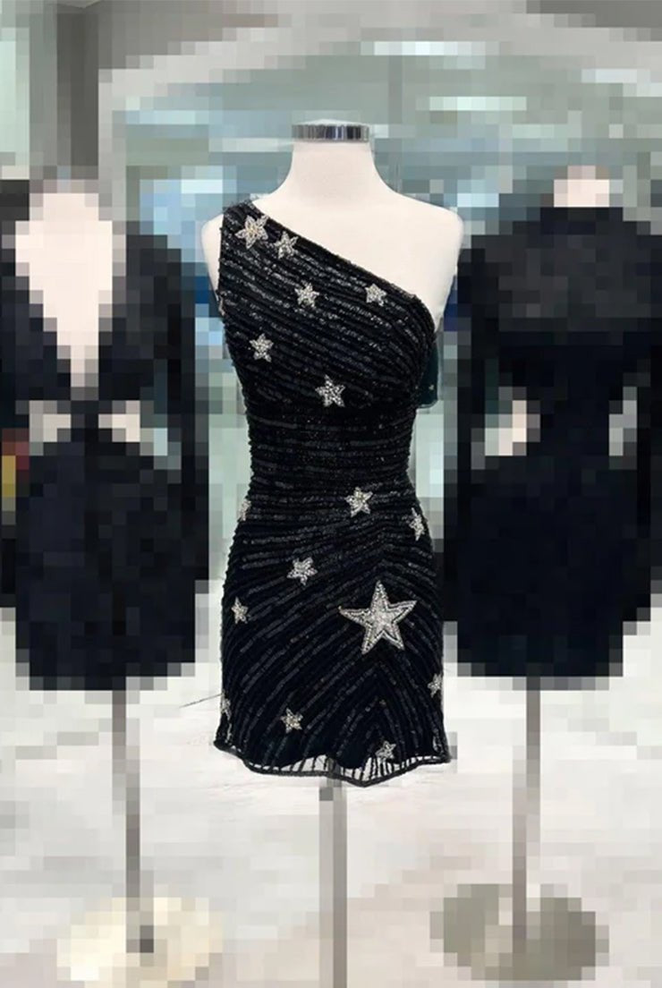 Lima | Black One Shoulder Sequin Star Above Keen Homecoming Dress