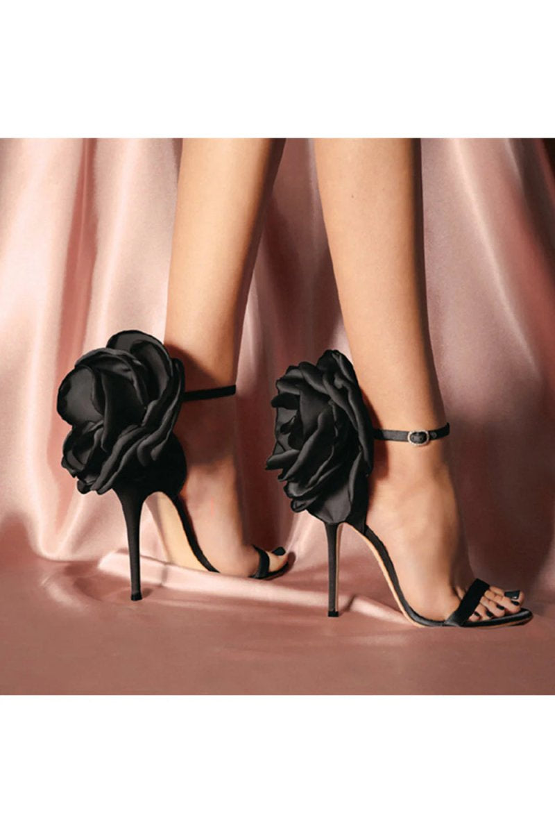 Black Flower Embellished High Stiletto Heel Sandals - KissProm