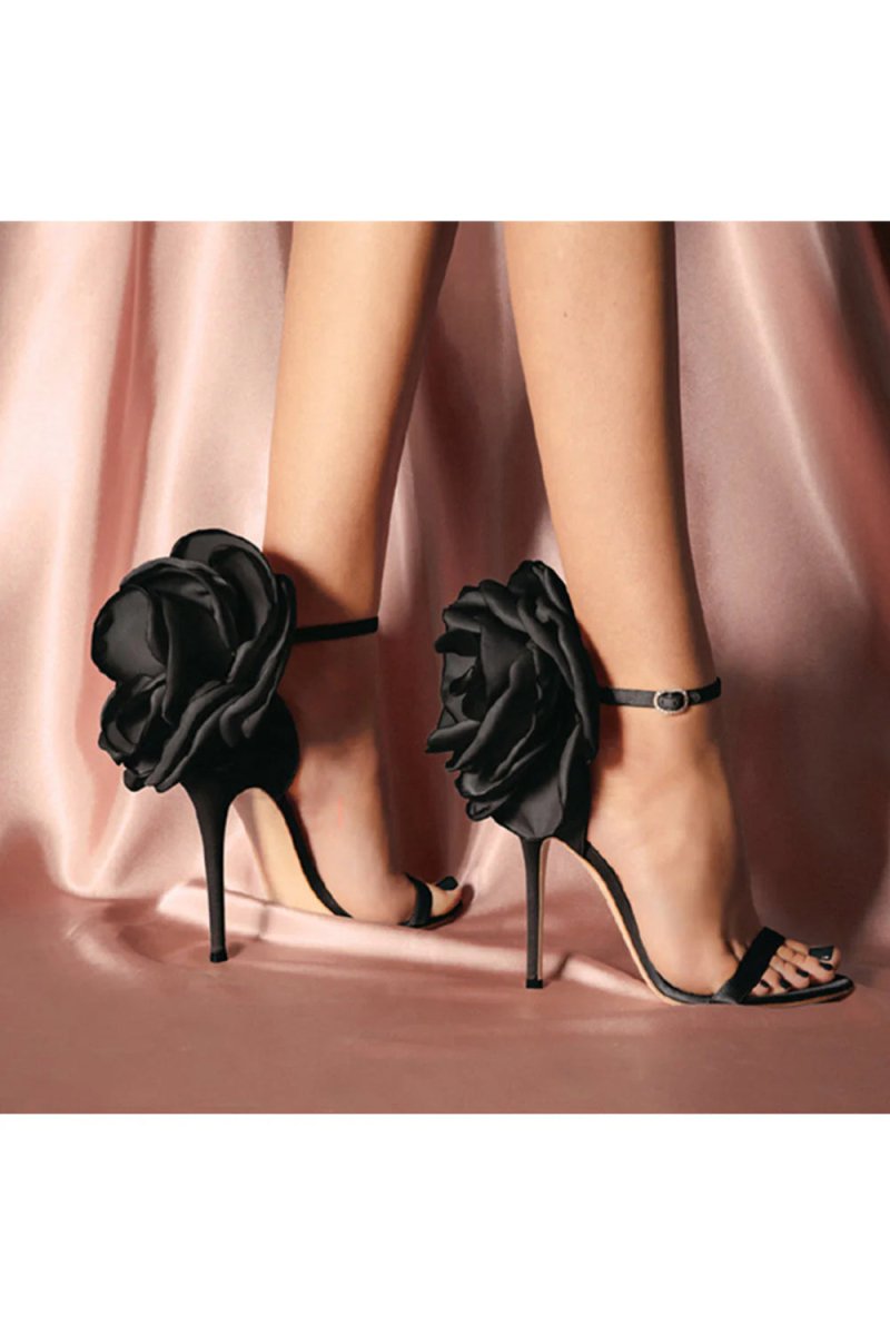 Black Flower Embellished High Stiletto Heel Sandals - KissProm