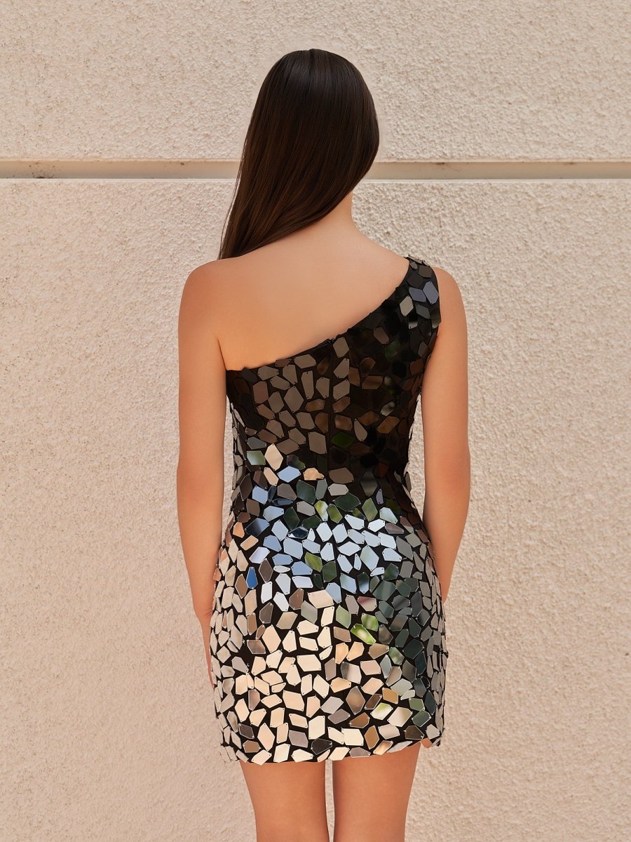 Mina | Black Gradient Cut Glass Mirror One-Shoulder Short Dress