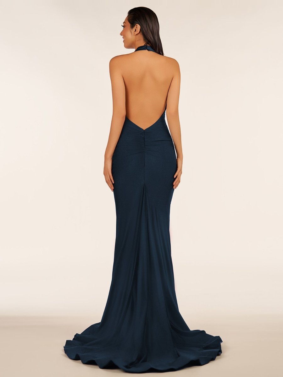 Simple Black Halter Backless Mermaid Long Prom Dress