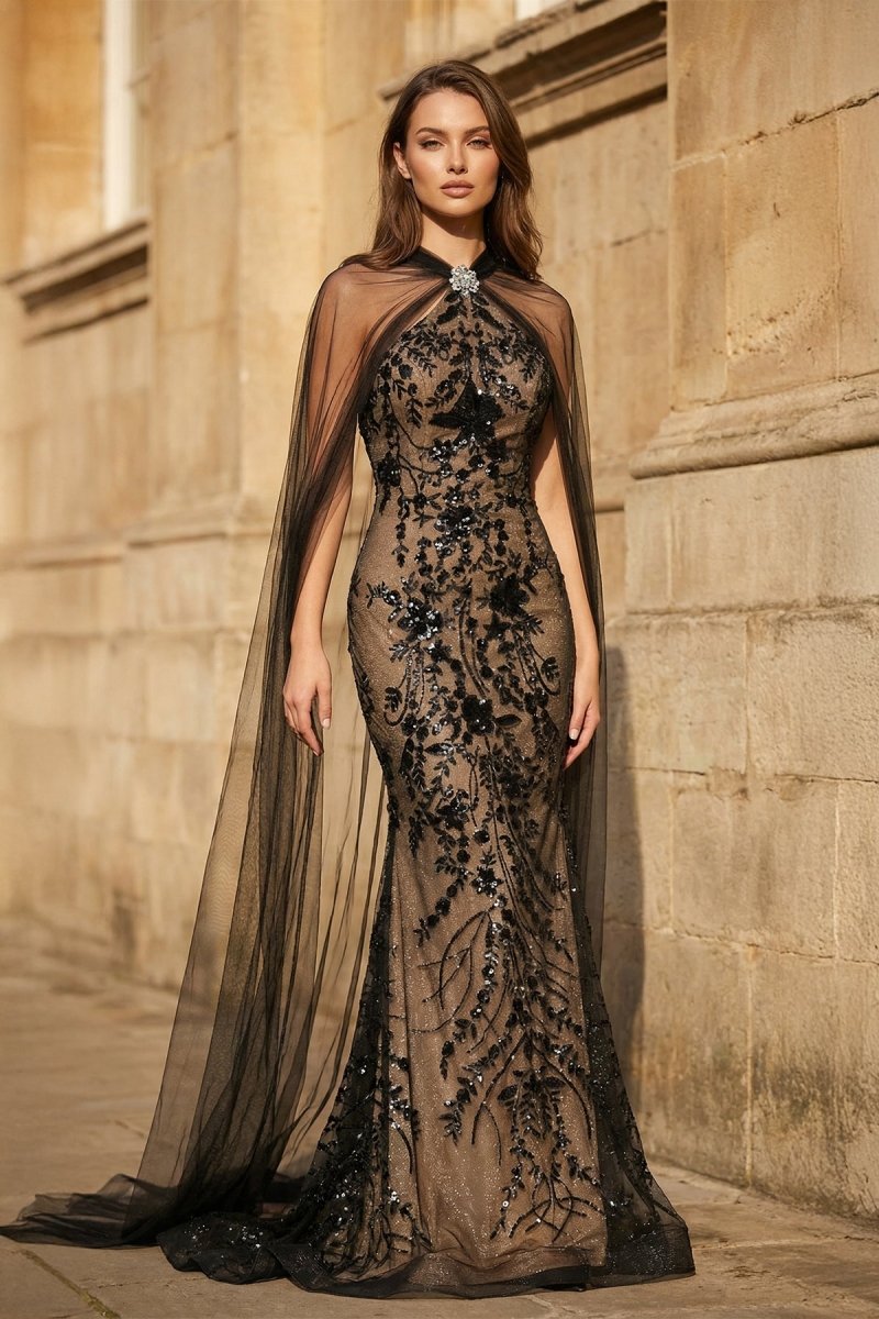 Black Halter Mermaid Sequined Long Prom Dresses With Cape Black Halter Mermaid Sequined Long Prom Dresses With Cape
