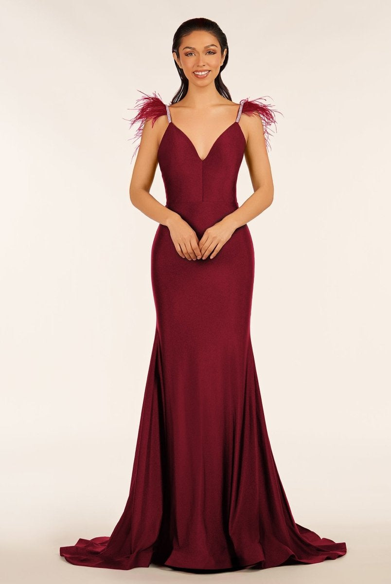 Stephanie |Mermaid Backless Jersey Prom Dress with Feathers - KissProm