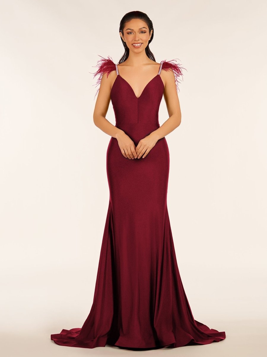 Stephanie |Mermaid Backless Jersey Prom Dress with Feathers - KissProm