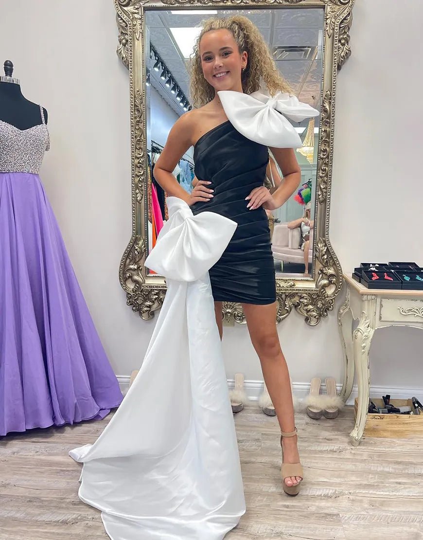 Black One Shoulder Tight Homecoming Dress with White Bows - KissProm