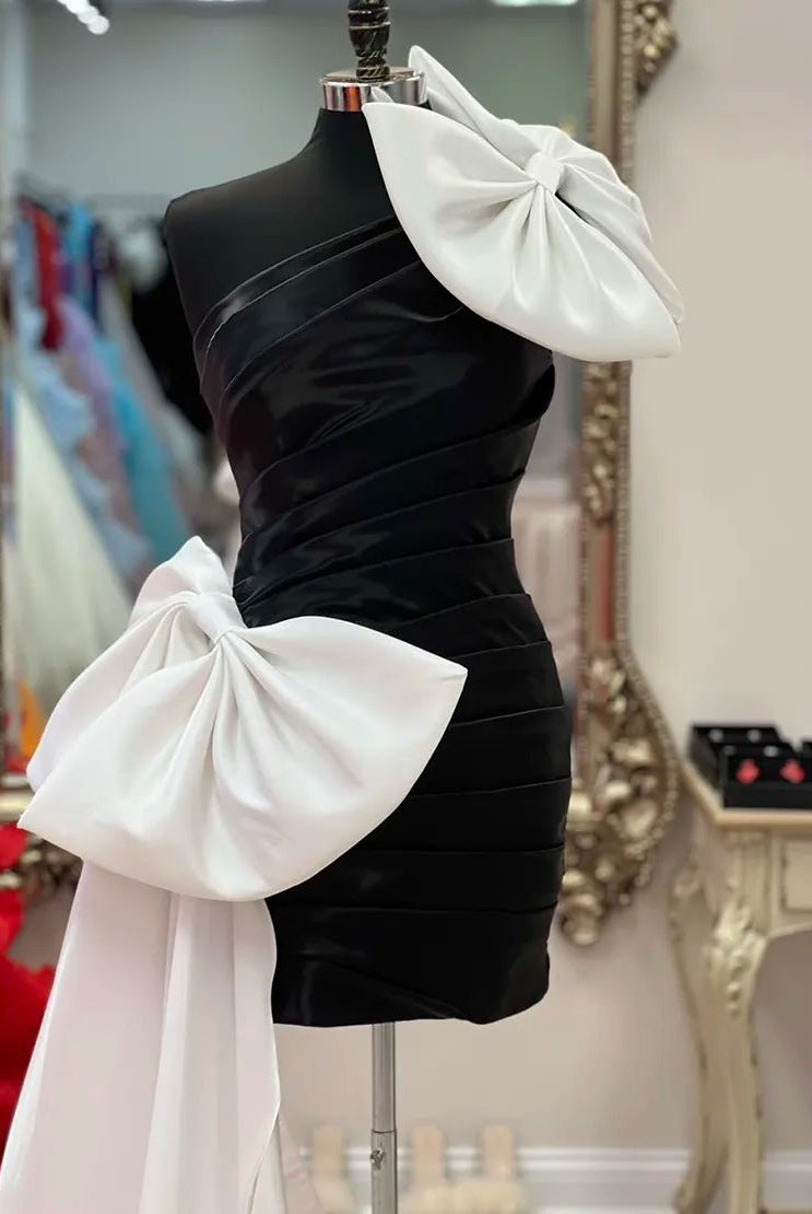 Black One Shoulder Tight Homecoming Dress with White Bows - KissProm