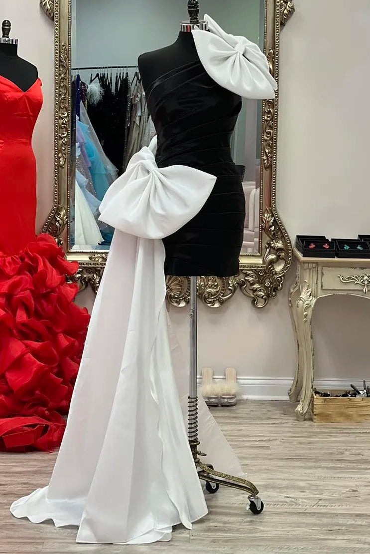 Black One Shoulder Tight Homecoming Dress with White Bows - KissProm