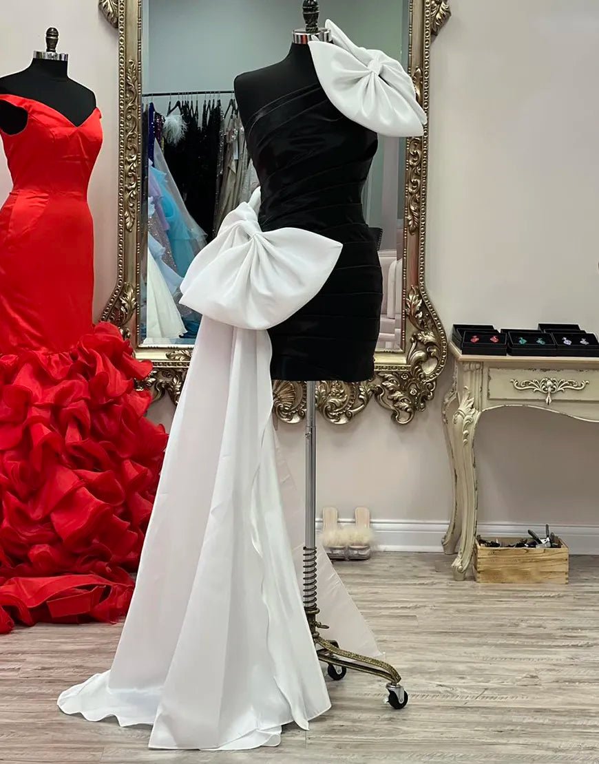 Black One Shoulder Tight Homecoming Dress with White Bows - KissProm