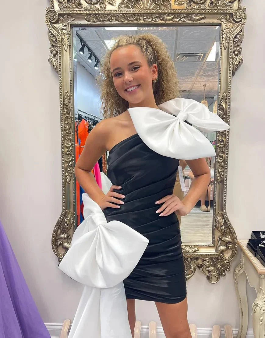 Black Hoco Dress With White Bow Black One Shoulder Tight Homecoming Dress With White Bows Black Hoco Dress With White Bow Black One Shoulder Tight Homecoming Dress With White Bows