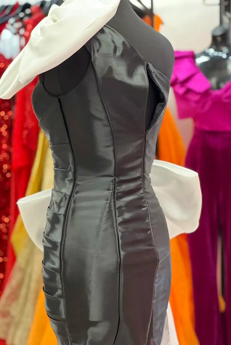 Black One Shoulder Tight Homecoming Dress with White Bows - KissProm