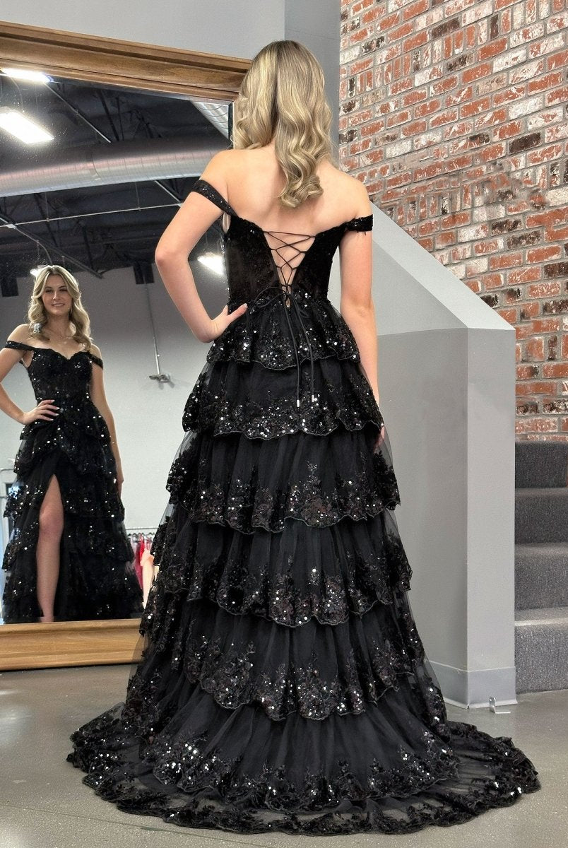 Black Princess A Line Off the Shoulder Corset Prom Dress with Lace Ruffles