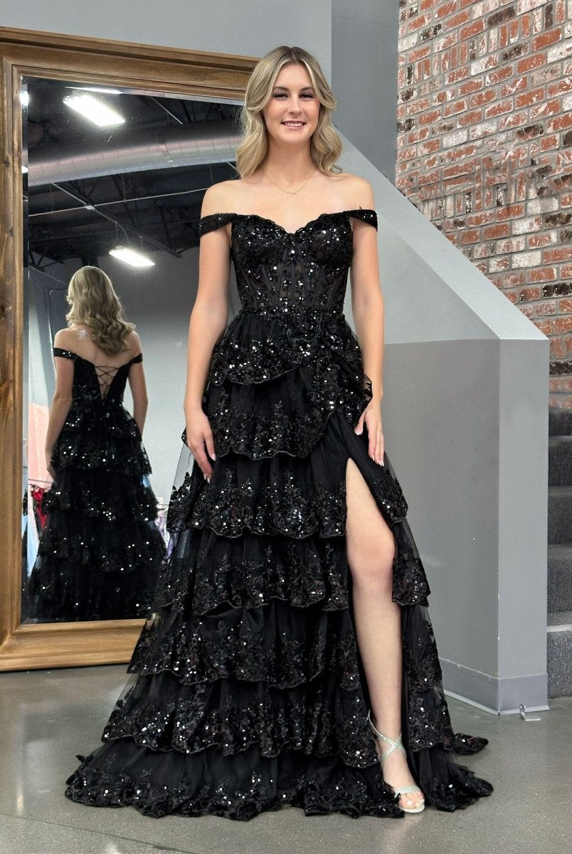 Black Princess A Line Off the Shoulder Corset Prom Dress with Lace Ruffles