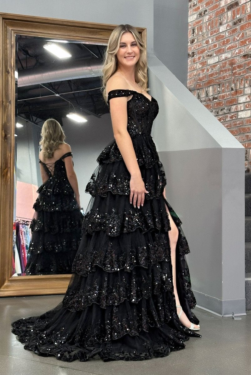 Black Princess A Line Off the Shoulder Corset Prom Dress with Lace Ruffles