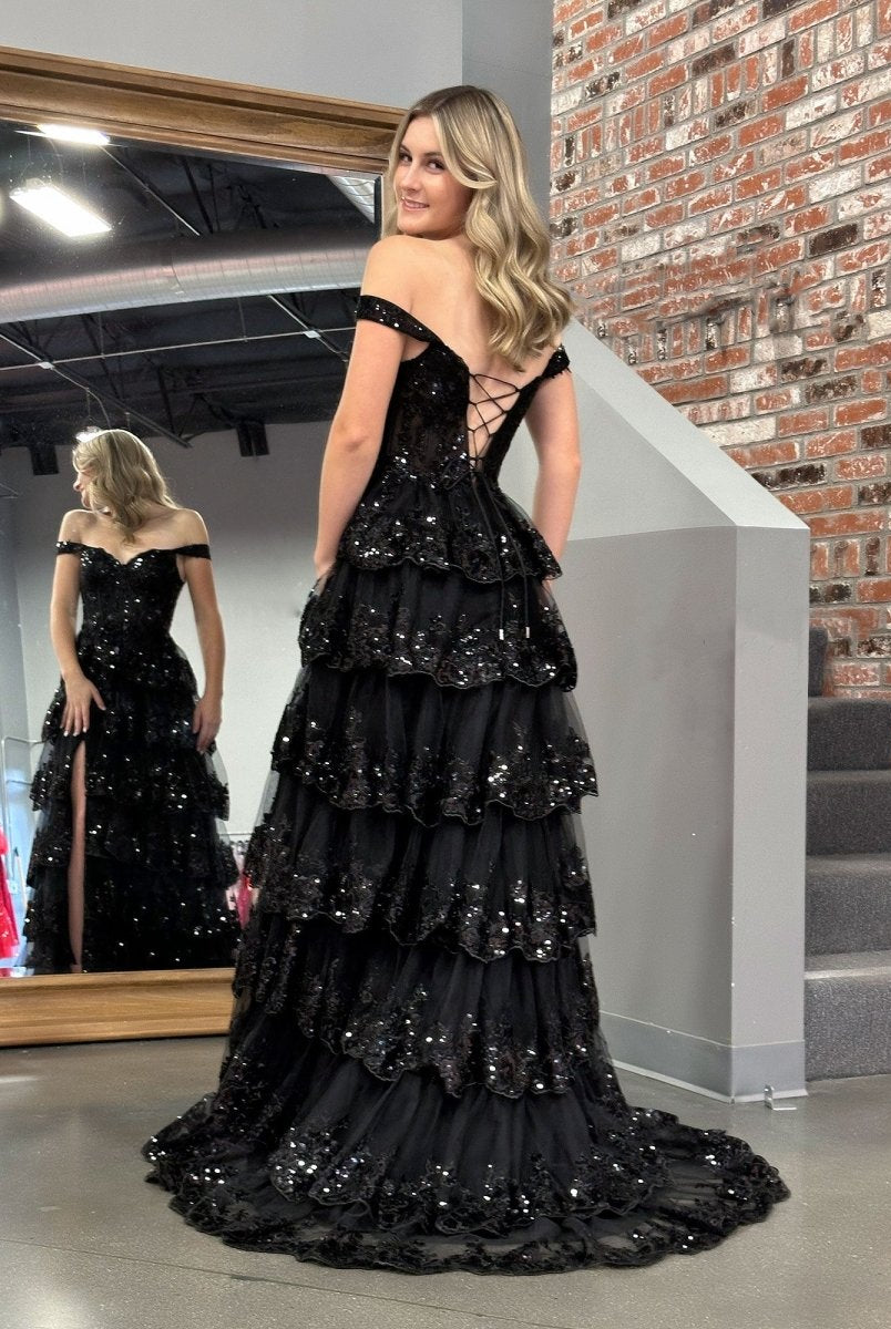 Black Princess A Line Off the Shoulder Corset Prom Dress with Lace Ruffles