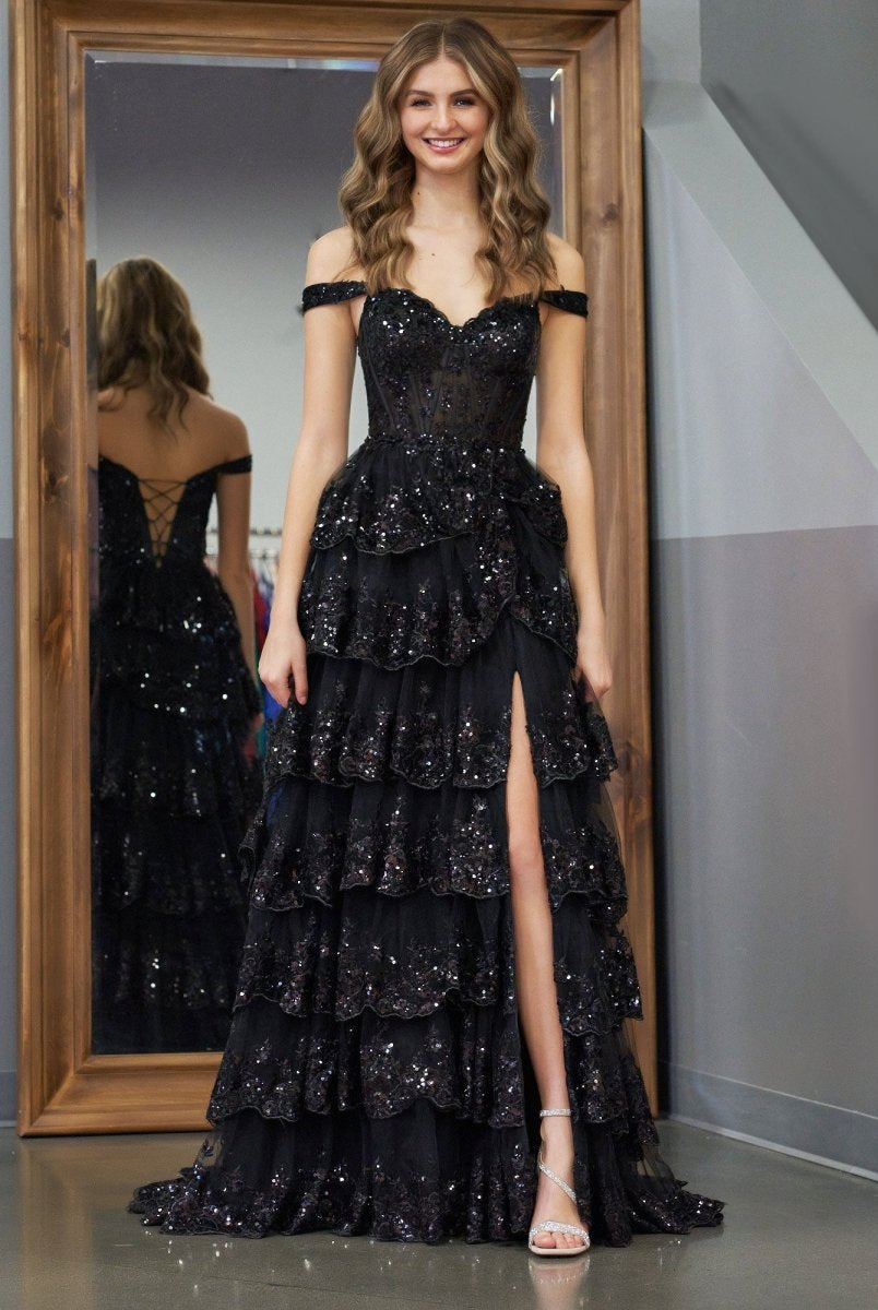 Black Princess A Line Off the Shoulder Corset Prom Dress with Lace Ruffles