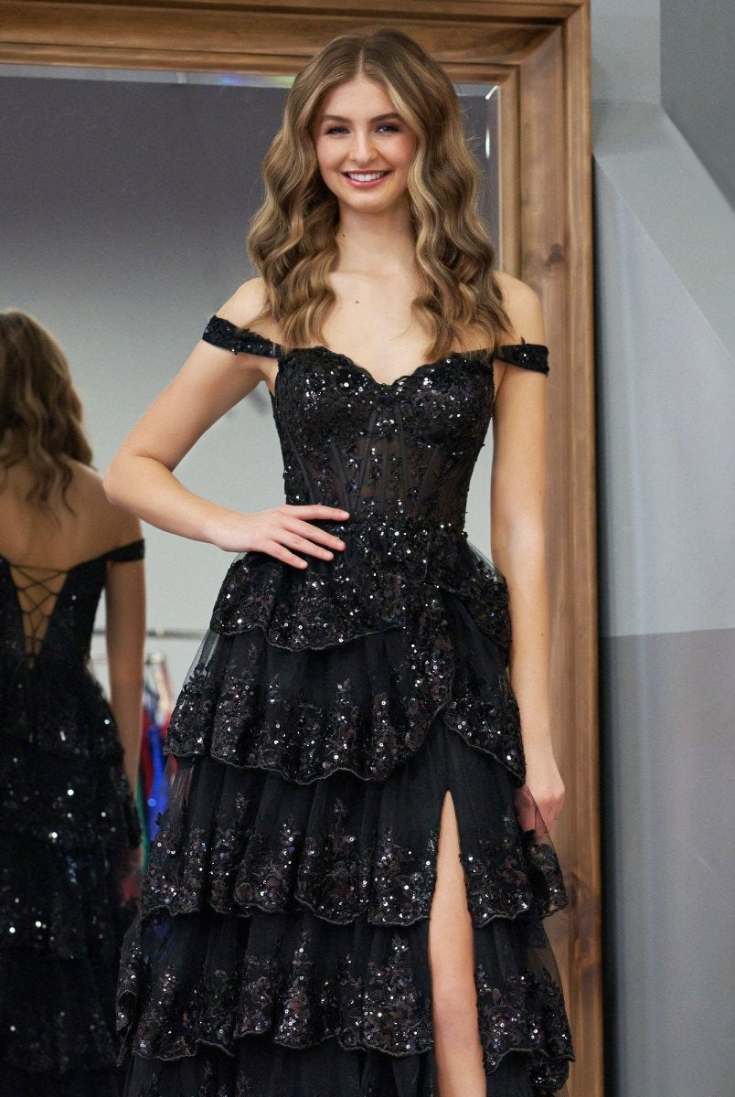 Black Princess A Line Off the Shoulder Corset Prom Dress with Lace Ruffles