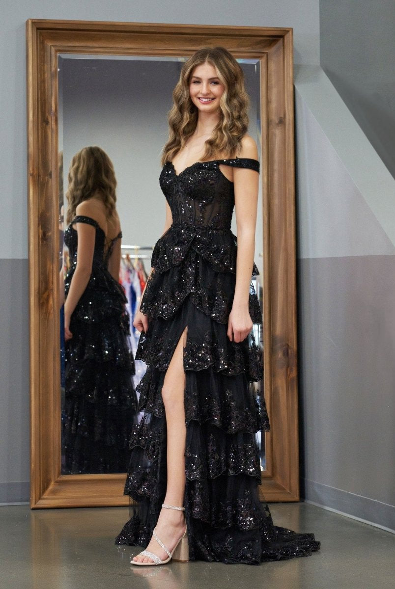 Black Princess A Line Off the Shoulder Corset Prom Dress with Lace Ruffles