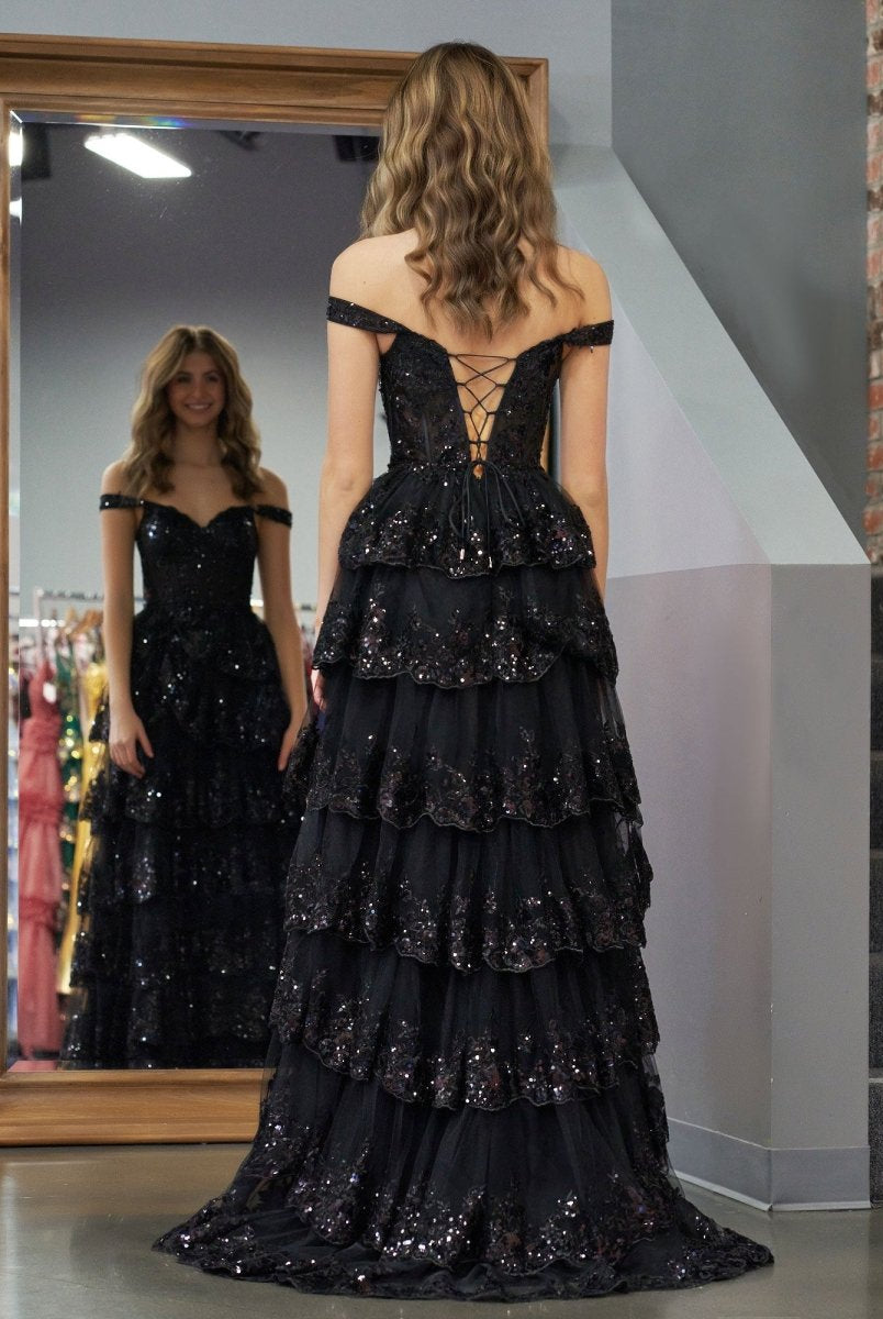 Black Princess A Line Off the Shoulder Corset Prom Dress with Lace Ruffles